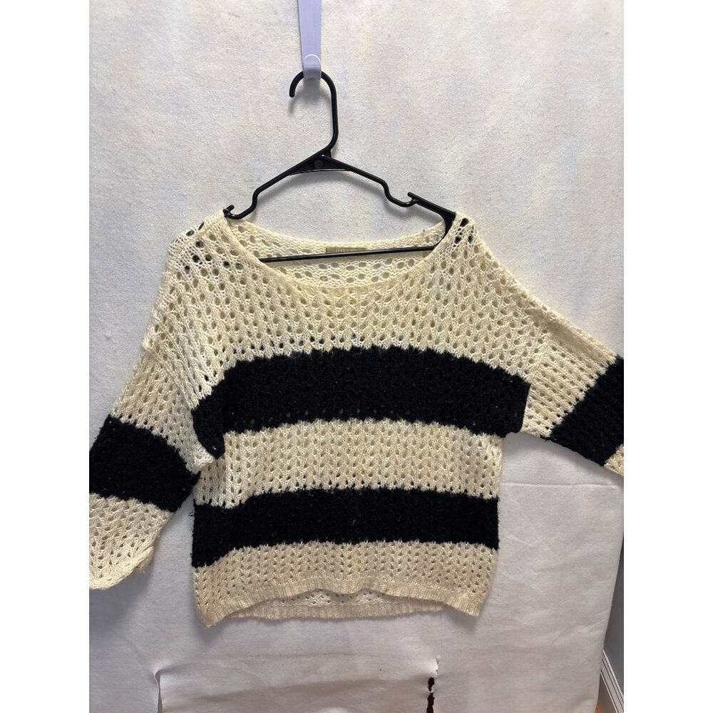 Joan Vass Studio Womens Open Knit Sweater With Black Stripes L Acrylic & Wool Bl